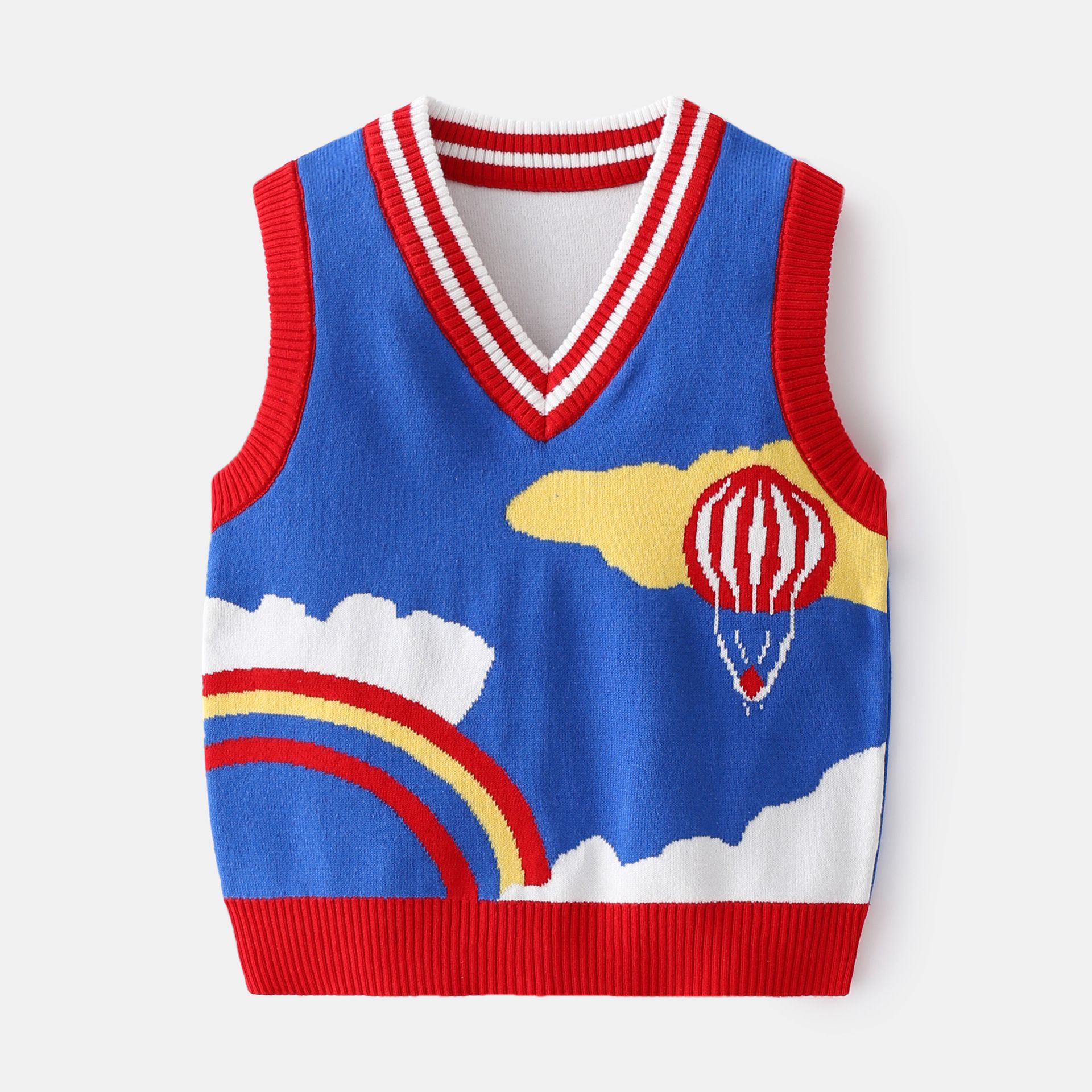 WELLKIDS - V領針織開衫背心-熱氣球-紅+藍