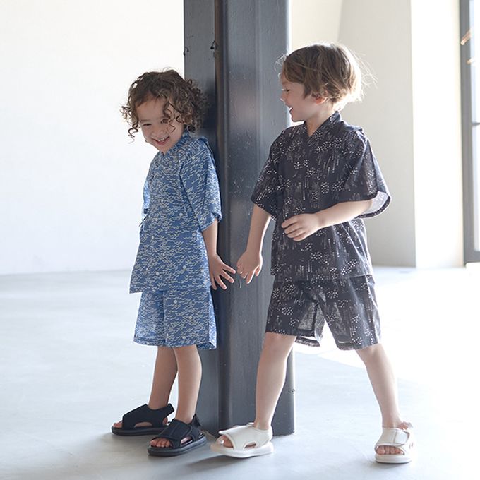 日本 b-ROOM - [限量]夏季印花純棉甚平-方塊-灰藍