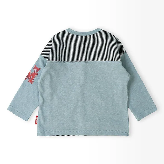 日本 ZOOLAND - 春季拼接風長袖上衣-滑板車小熊-水藍