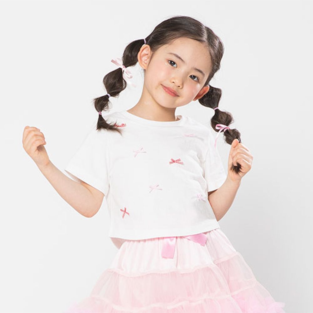 格紋蝴蝶結飾短袖上衣-白