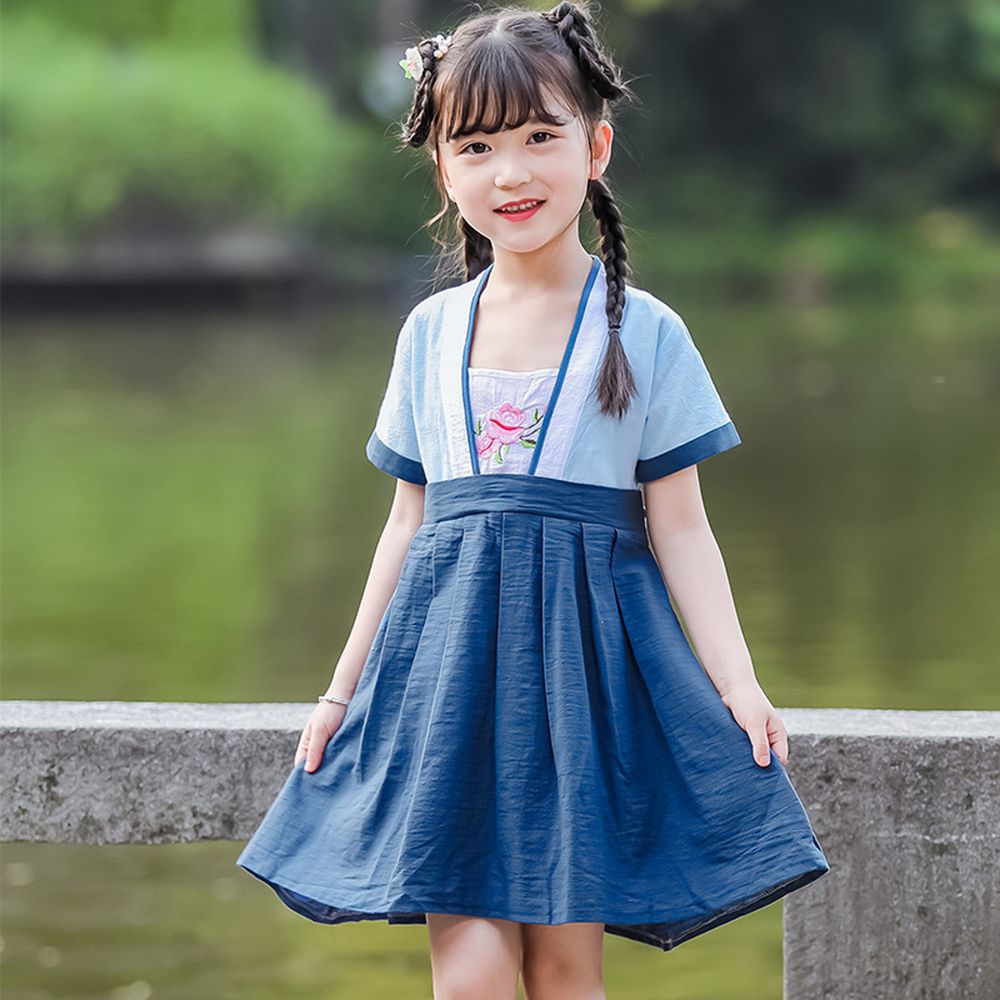 清新牡丹短襦裙洋裝-附贈包包-深藍