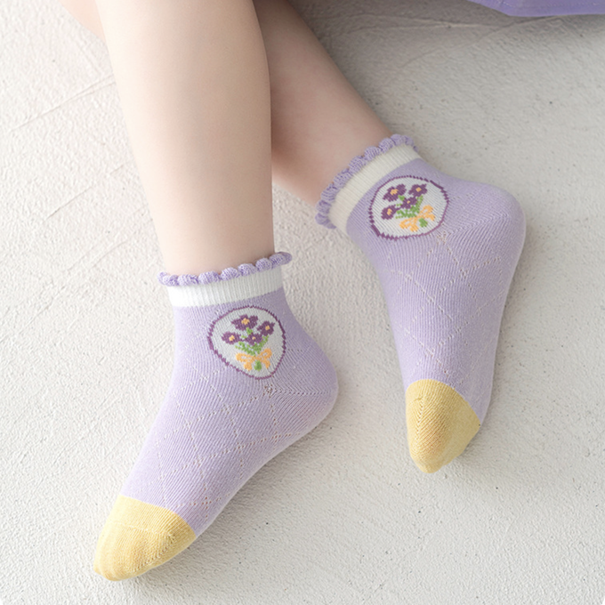 love, charlotte - 泡泡花邊花園小兔紫色網眼短筒棉襪-5 雙一組