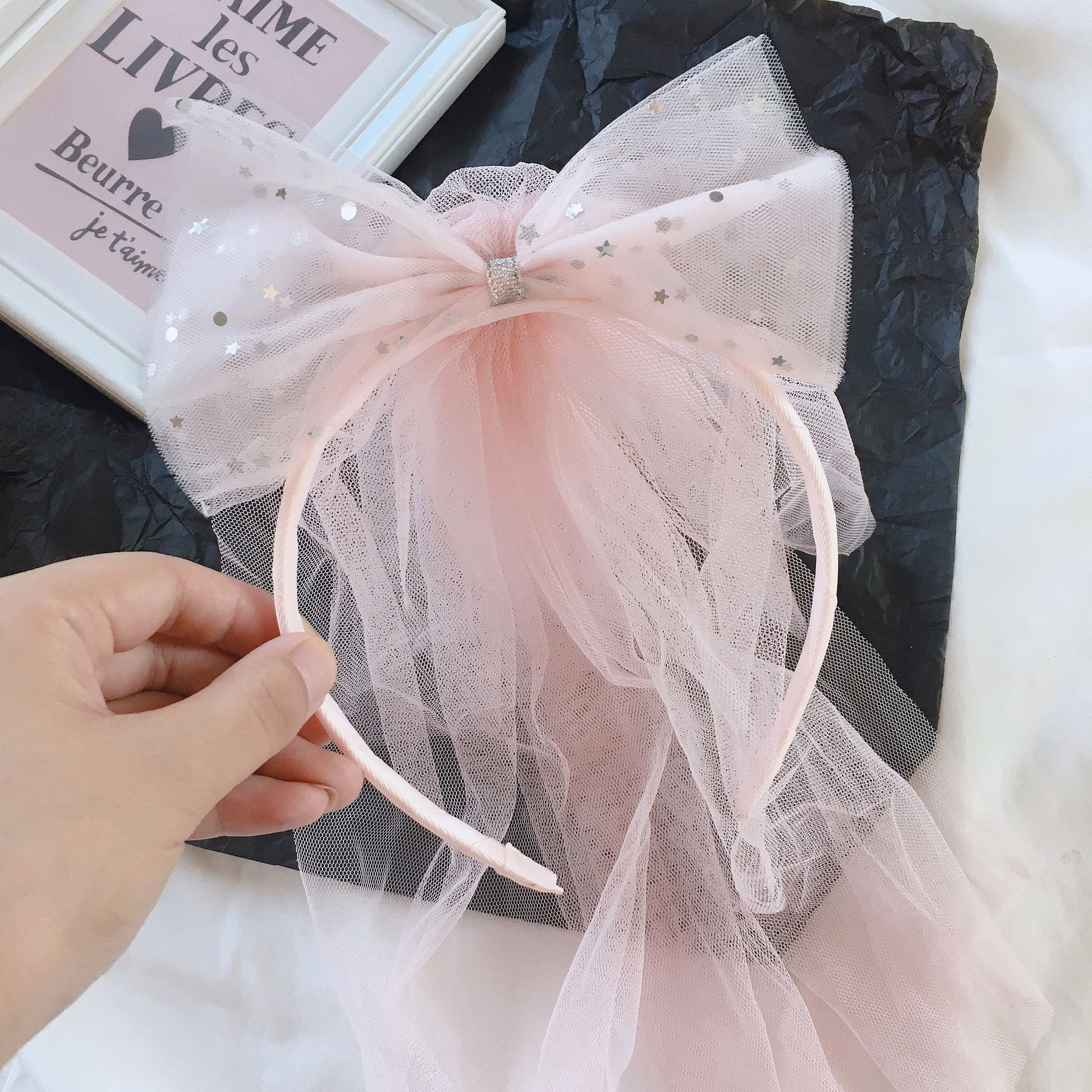 唯美蝴蝶結網紗髮箍-亮片網紗-粉色