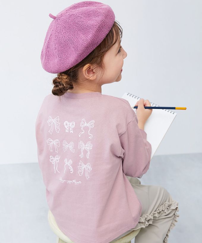 日本 devirock - 100%棉 定番女孩印花長袖上衣-貓咪-羅蘭紫