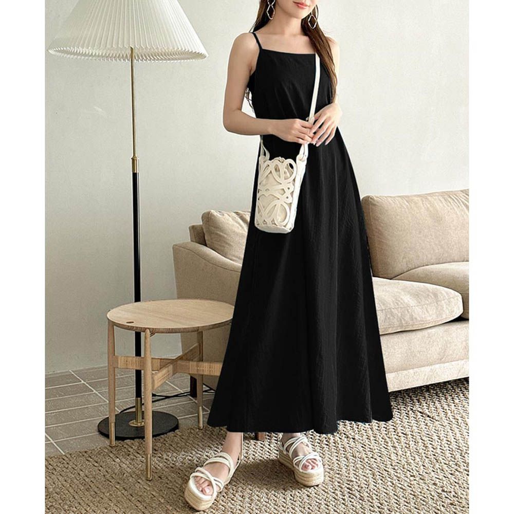 度假風細肩帶傘狀長洋裝-黑色 (F)
