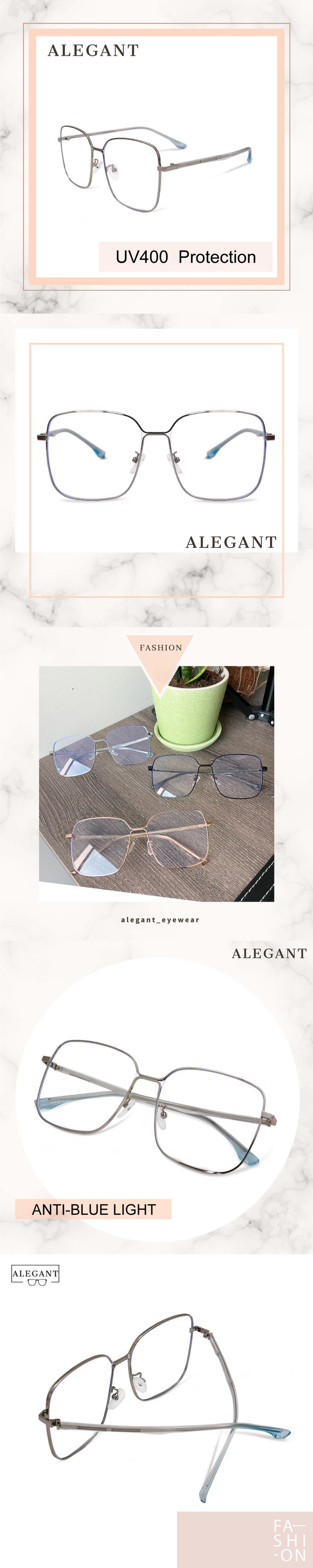 ALEGANT - 粼光銀幾何圓弧修飾多邊設計金屬框UV400濾藍光眼鏡
