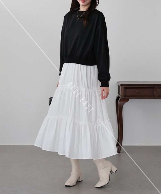 日本 BLUE EAST - 俏麗假二件分層澎盈長袖洋裝-淺灰 (M)