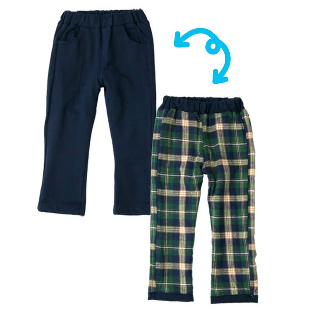 日本 ZOOLAND - 4way純棉正反兩穿拼接長褲-格紋-深藍X綠