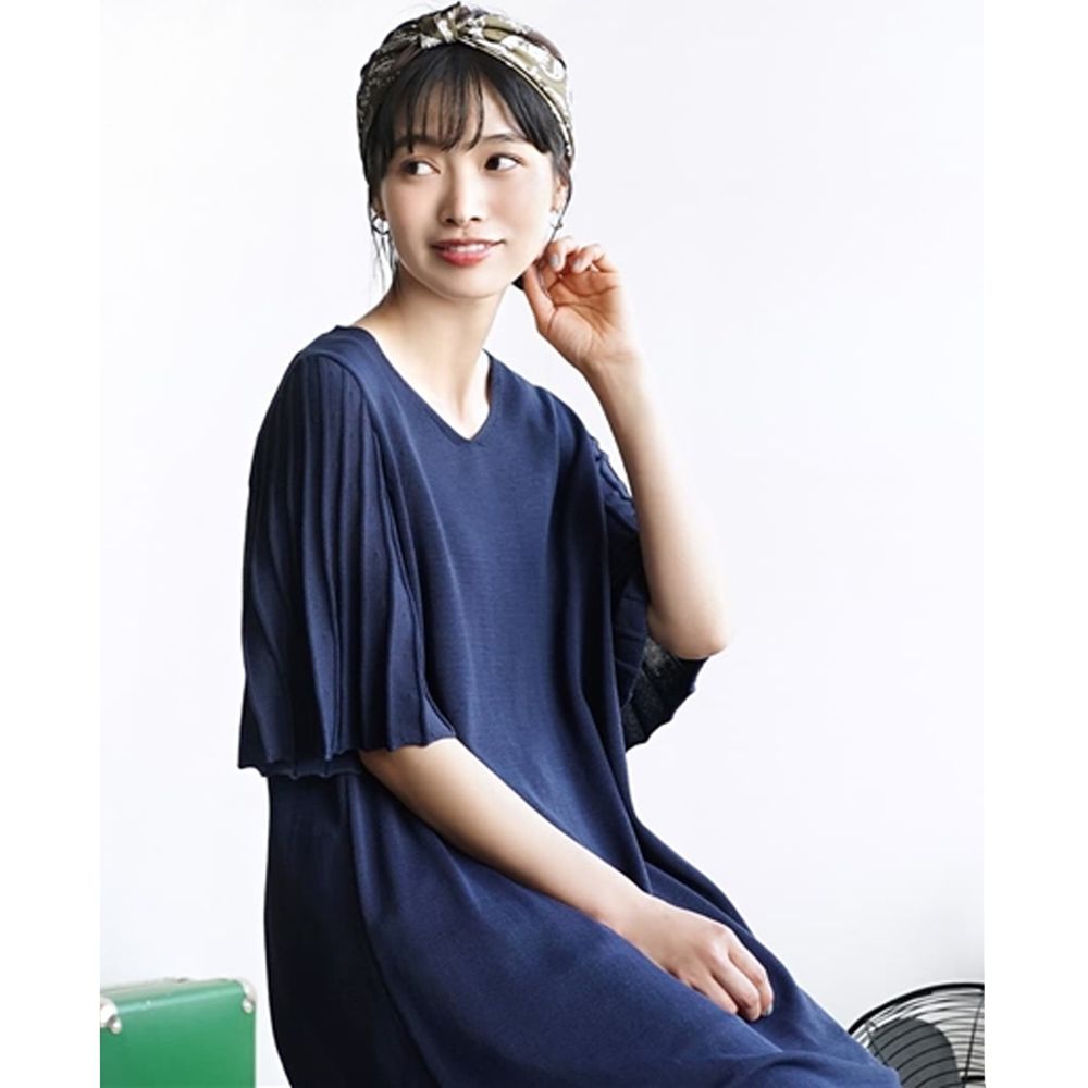 日本 zootie - 涼感防曬速乾 顯瘦羅紋五分袖洋裝-深藍 (F)