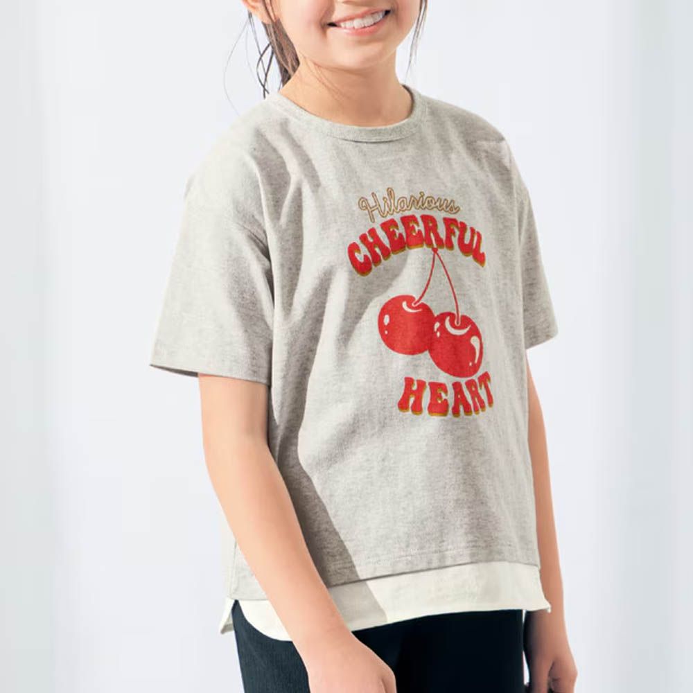 GITA 雙層下擺印花短袖上衣-櫻桃logo-淺灰