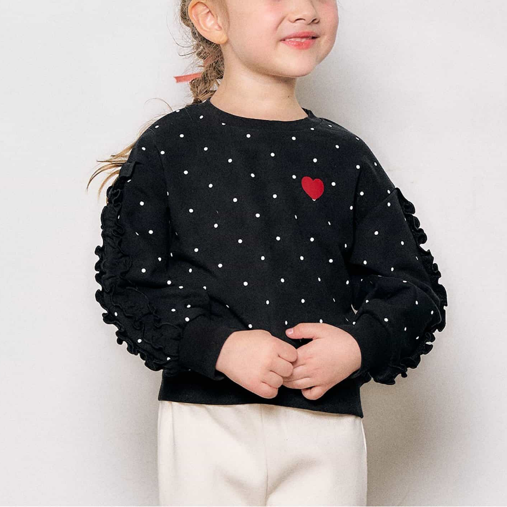 QQ荷葉袖可愛裏毛長袖上衣-黑圓點