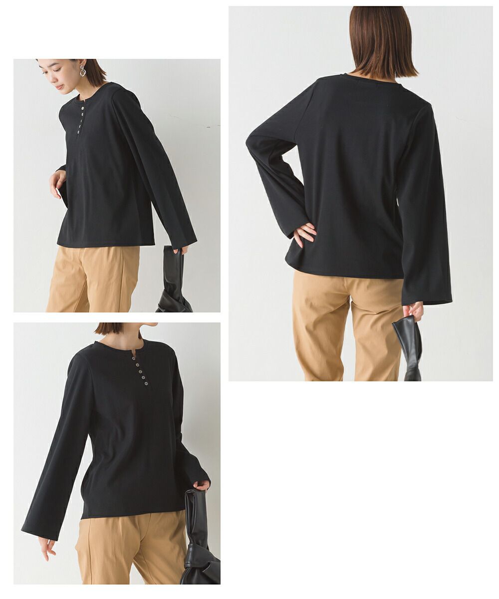 日本 OMNES - 寬袖設計簡約圓領上衣-橄欖綠