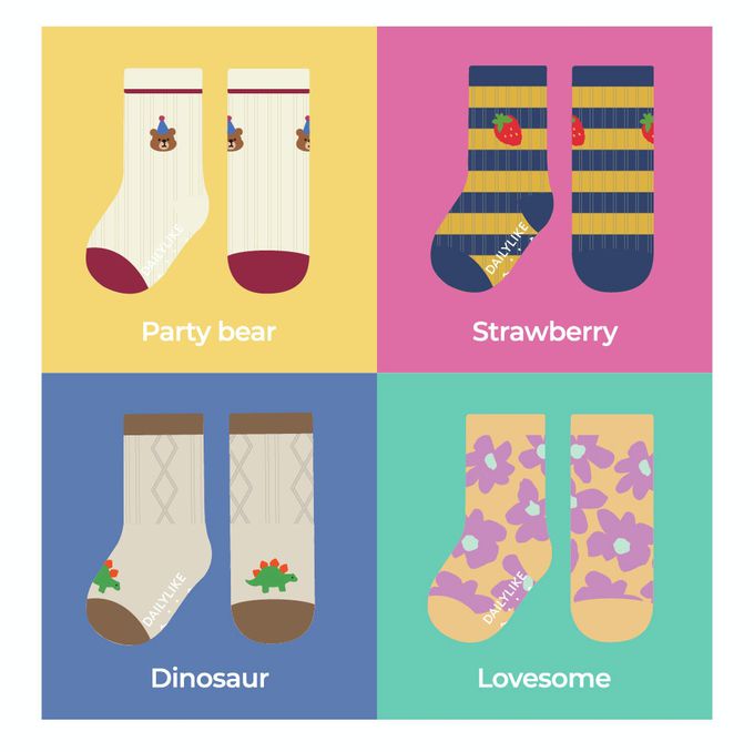 韓國 Daily Like - 兒童襪子/中筒襪4入組-花朵動物03