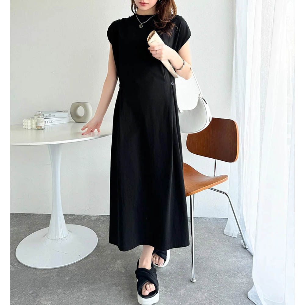 顯瘦摺線設計感短袖開叉洋裝-黑