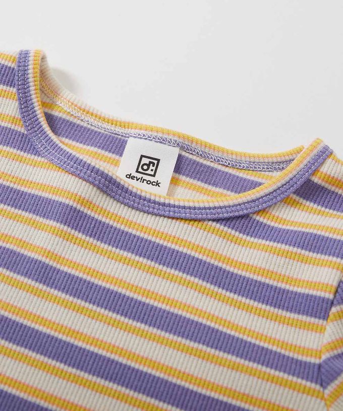 日本 devirock - 清爽夏日線條配色短袖上衣-紫黃