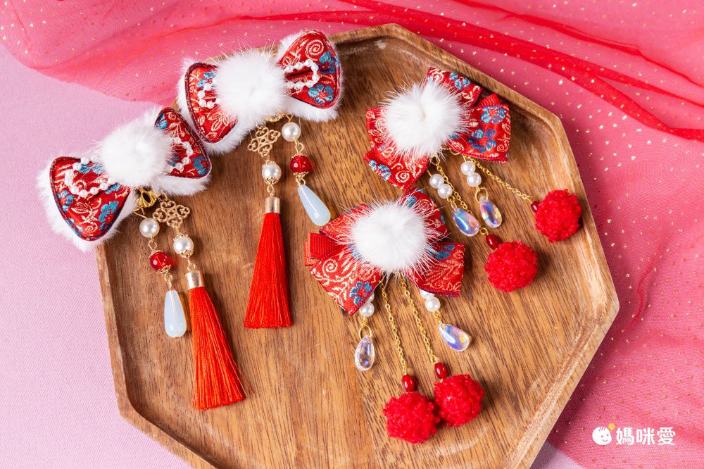 兔年喜氣洋洋拜年兒童髮飾-蝴蝶結+小金兔-紅色