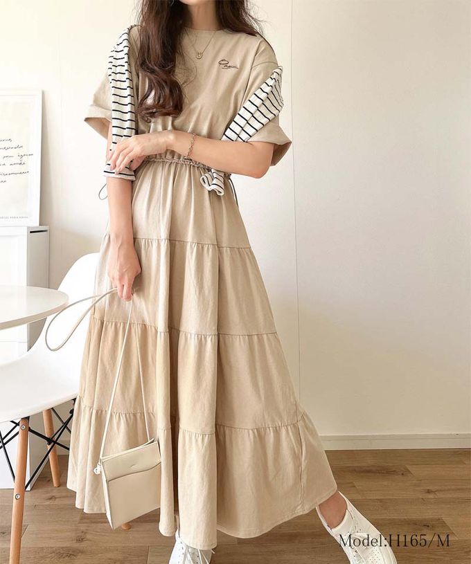 日本 Classical Elf - 簡約logo刺繡 腰抽繩分層短袖洋裝-黑