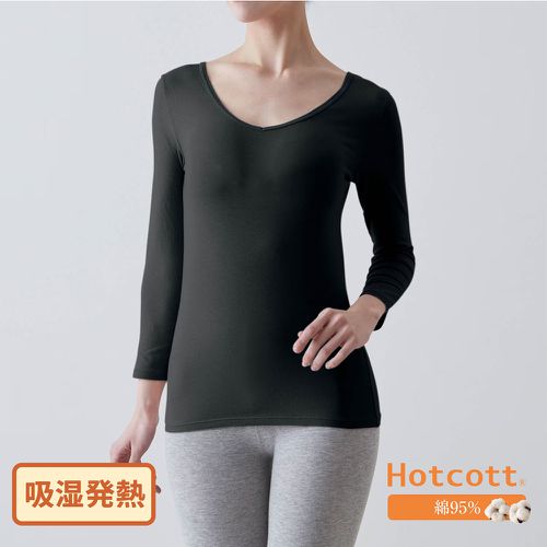 日本千趣會 - 95%棉 V領舒膚長袖發熱衣-媽媽-黑