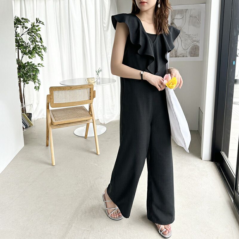 日本 Classical Elf - 浪漫荷葉V領無袖連身褲-摩卡