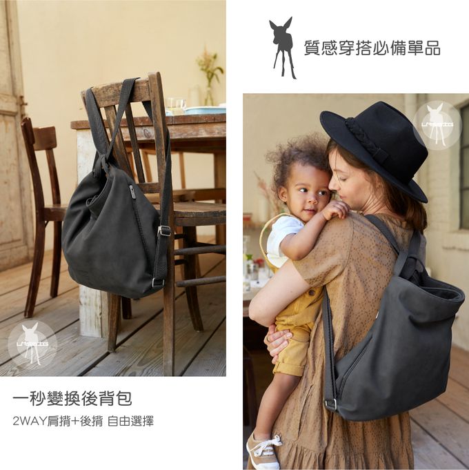 德國 Lassig - 純色質感皮革2WAY媽媽包-奶茶駝-含尿布墊+推車掛勾+保溫瓶收納包