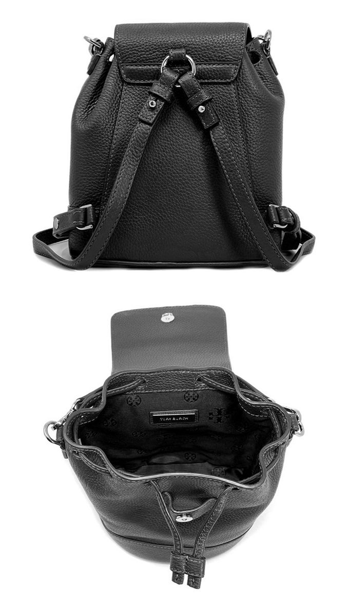 TORY BURCH - 素面皮革翻蓋後背包-黑色