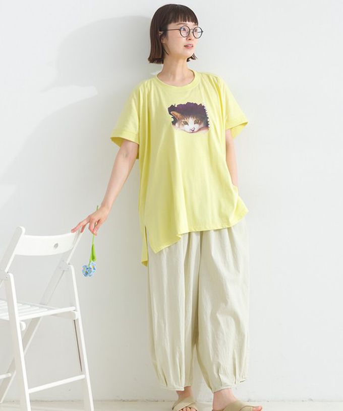 日本 Lupilien - 療癒休閒感落肩長版T恤-貓咪照片-淺棕