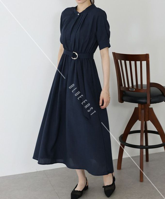 日本 BLUE EAST - 優雅打褶2way領束腰短袖洋裝-灰藍