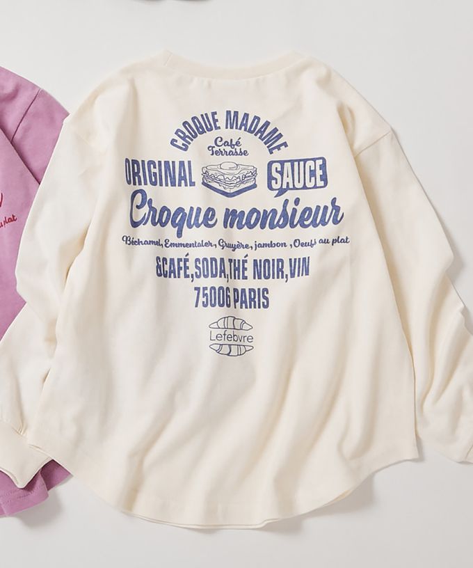 日本 devirock - 100%棉 女孩印花圓弧長袖上衣-鬆餅菜單-桃粉