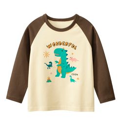27KIDS - 純棉長袖上衣-恐龍派對-米杏/咖啡