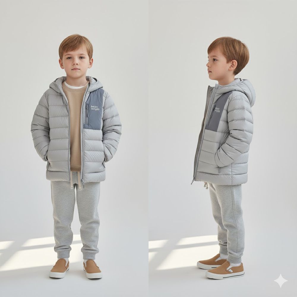 (100%鴨絨)休閒風拼色輕量羽絨連帽外套-淺灰