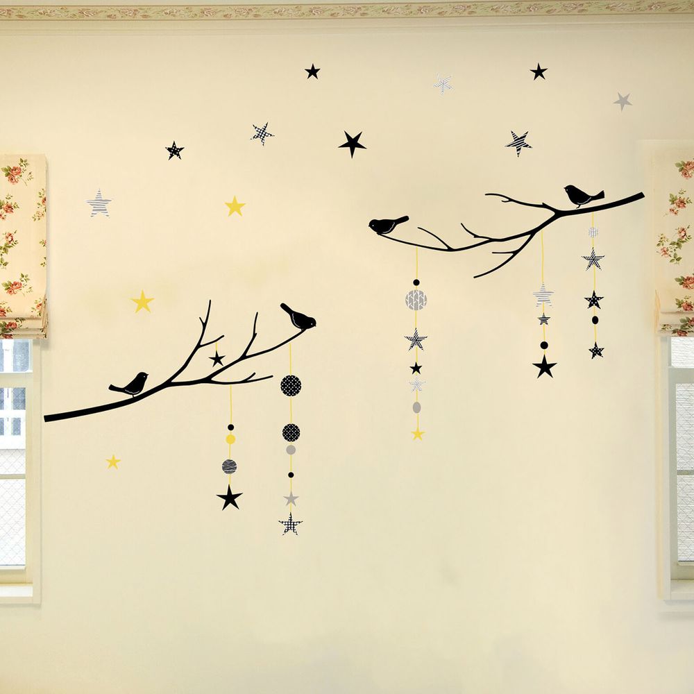 日本 TOKYO STICKER - 日本製 質感無邊框壁貼 [精緻轉印款]-樹梢星星與鳥-黃 (100*32cm)