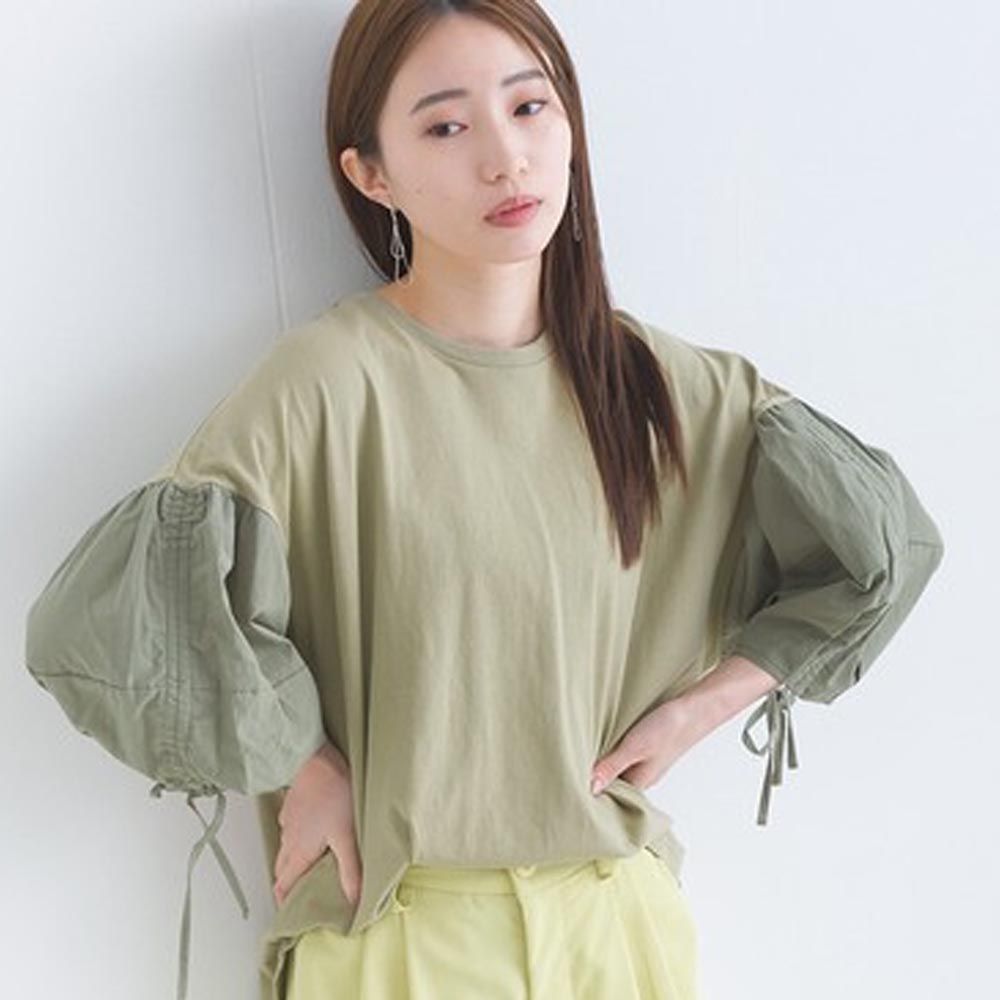 日本 Lupilien - 21支天竺棉 燈籠綁帶寬袖上衣-軍綠