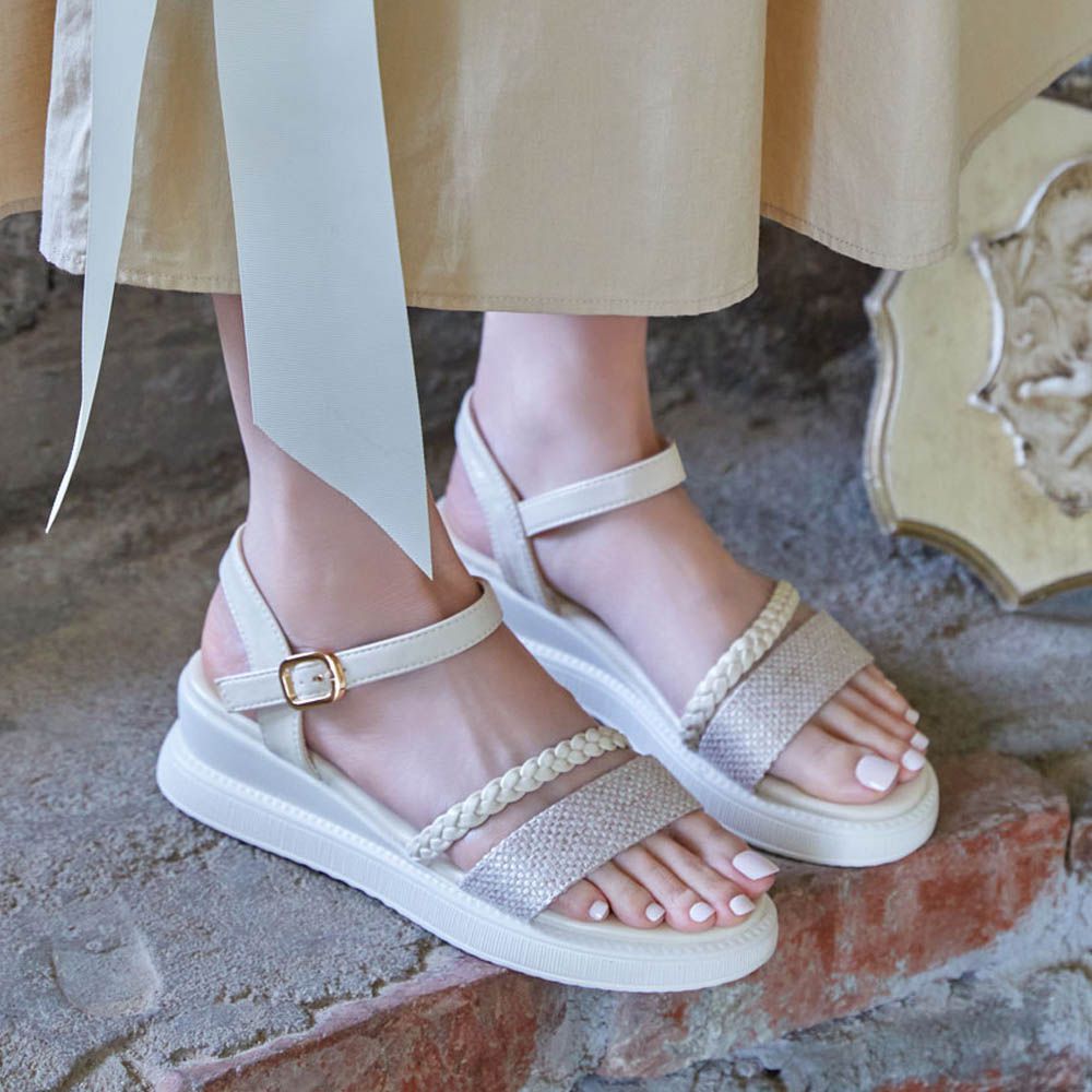 雙織帶軟皮革輕量楔型涼鞋(5cm)-象牙白