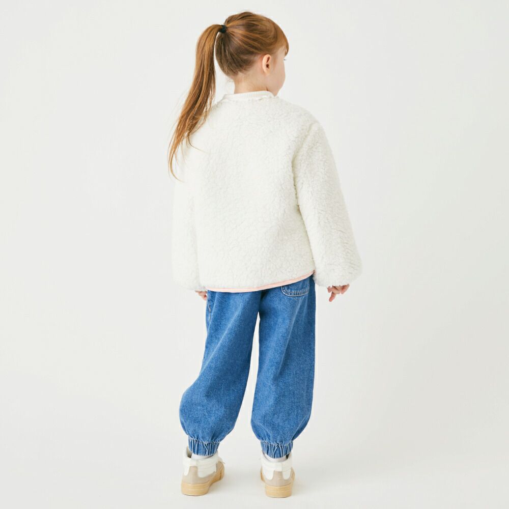 日本 evercloset - 雙面毛絨可愛花保暖外套-深藍x紫系