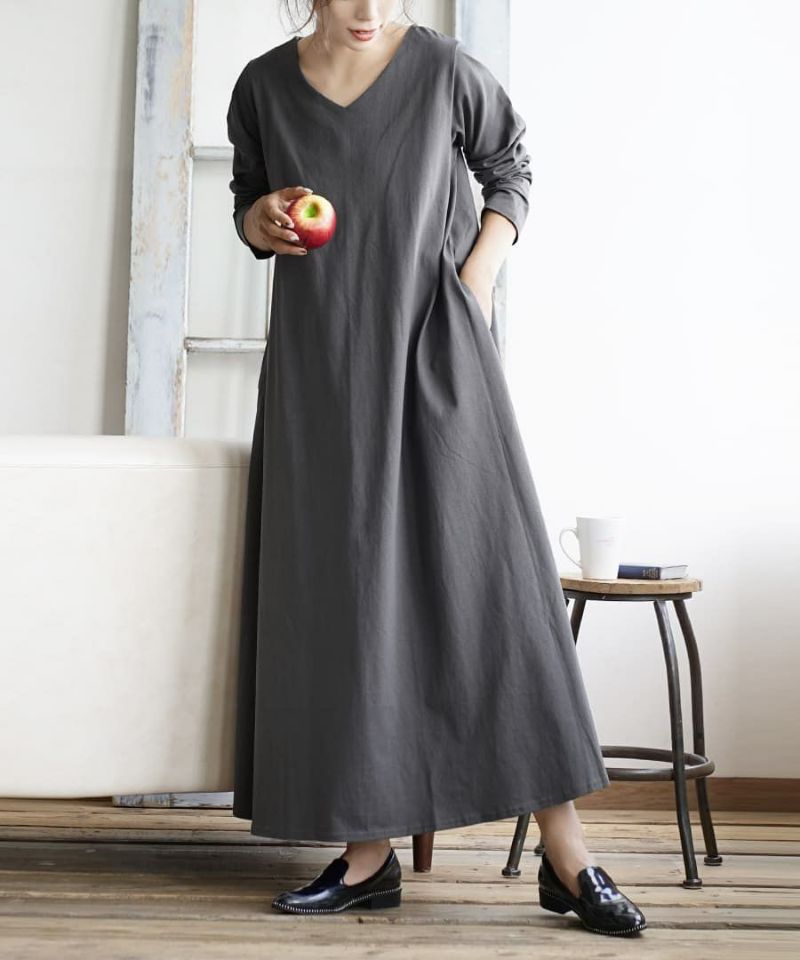 日本 zootie - 抗透汗 純棉修身長袖洋裝-V領-咖啡