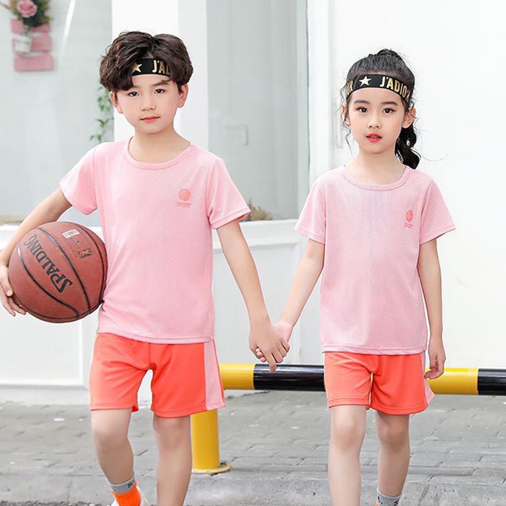 兒童速乾網眼短袖運動套裝-Sport籃球-橘粉色