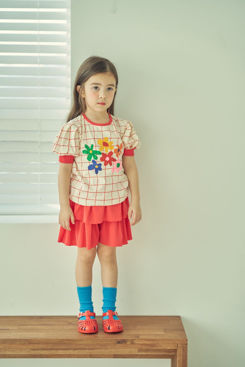 韓國 Mimico - 六彩花朵格子T-紅