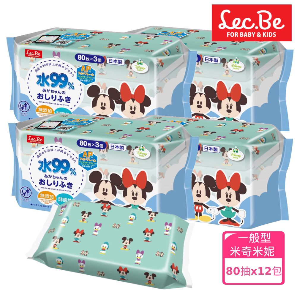 日本 LEC - 迪士尼純水99%濕紙巾-米奇米妮-12包入箱購組-80抽X12包入