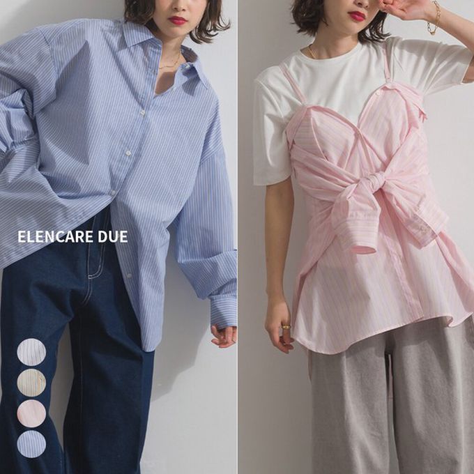 日本 ELENCARE DUE - 2way穿法俐落條紋寬版襯衫-卡其