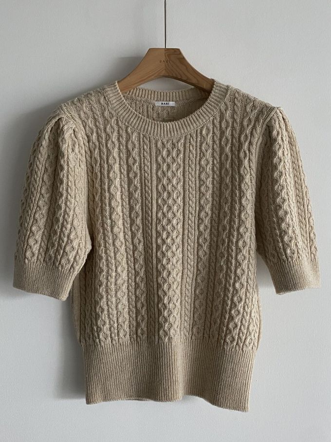 韓國女裝連線 - 麻花辮編織五分袖針織上衣-卡其 (FREE)