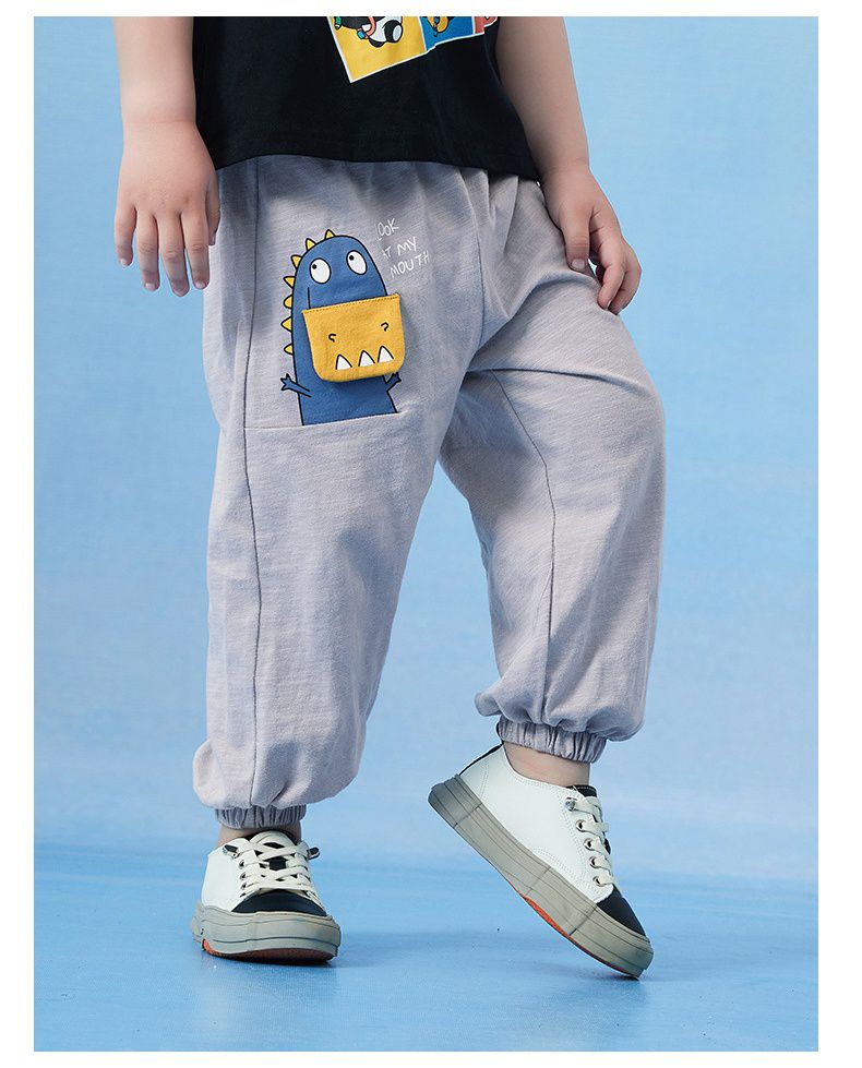 竹節棉束口長褲/防蚊褲-大嘴恐龍-灰色
