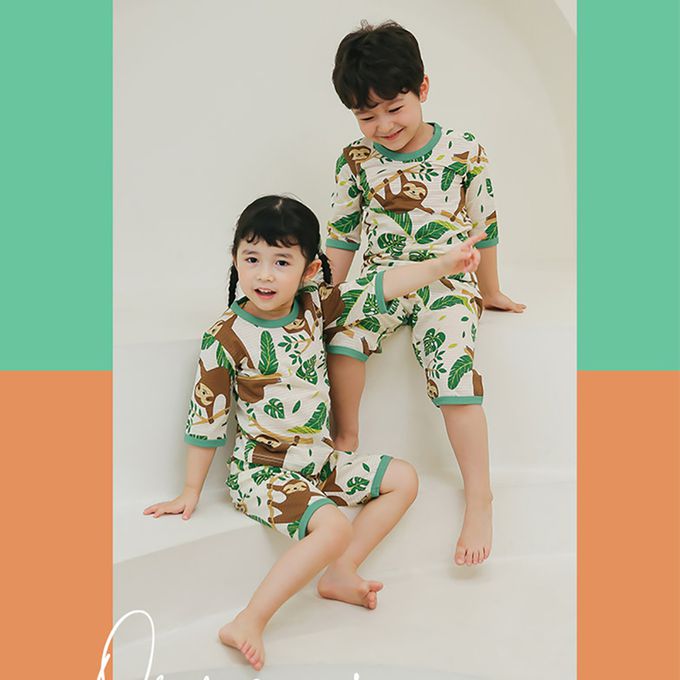 正韓 Puco - 超優質嬰幼兒/兒童七分袖100% 有機純棉家居服/睡衣-開心樹懶