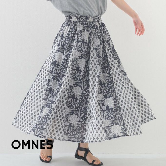 日本 OMNES - 100%印度棉 奢華印花飄逸感長裙-深藍