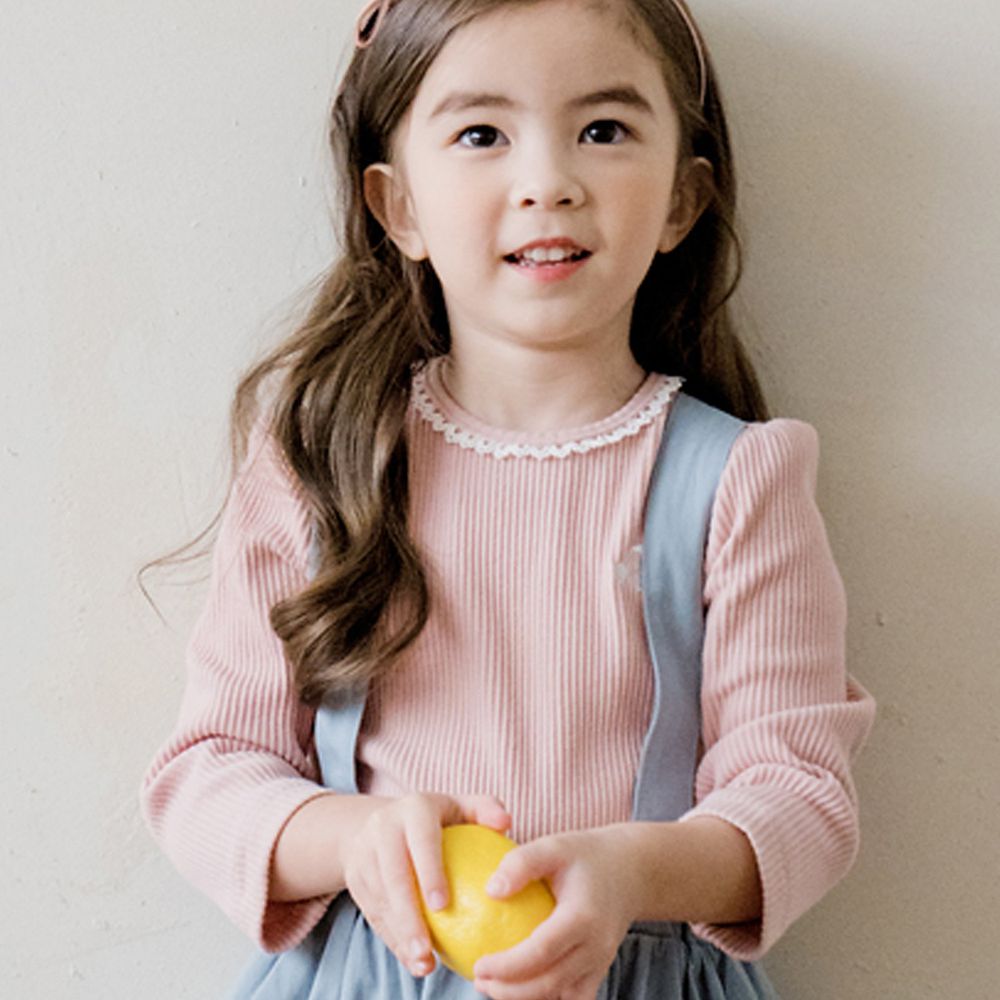 韓國 Bebezoo - 蕾絲滾邊領小櫻桃針織上衣-粉紅