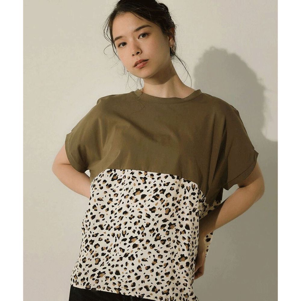 日本 Bou Jeloud - 豹紋拼接短袖上衣-墨綠