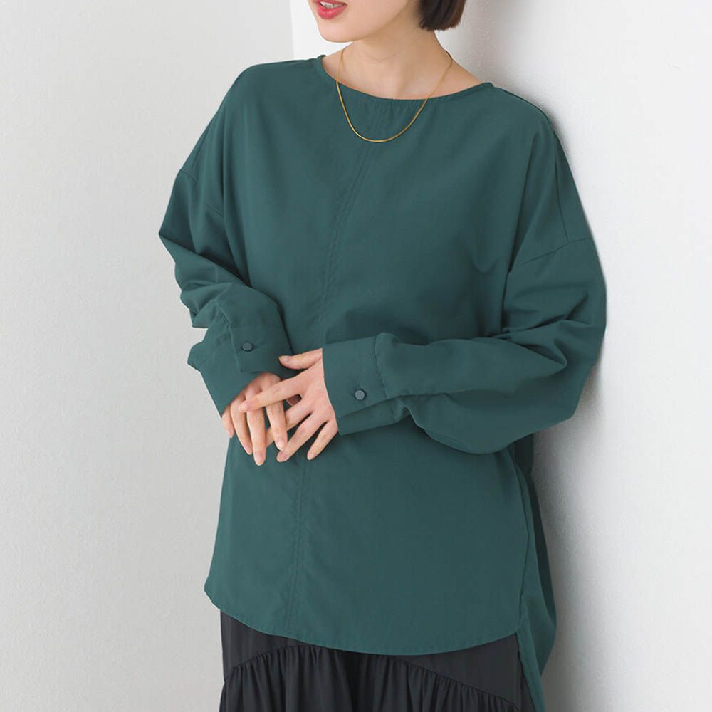 圓弧優雅前短後長修身船領長袖上衣-濃綠