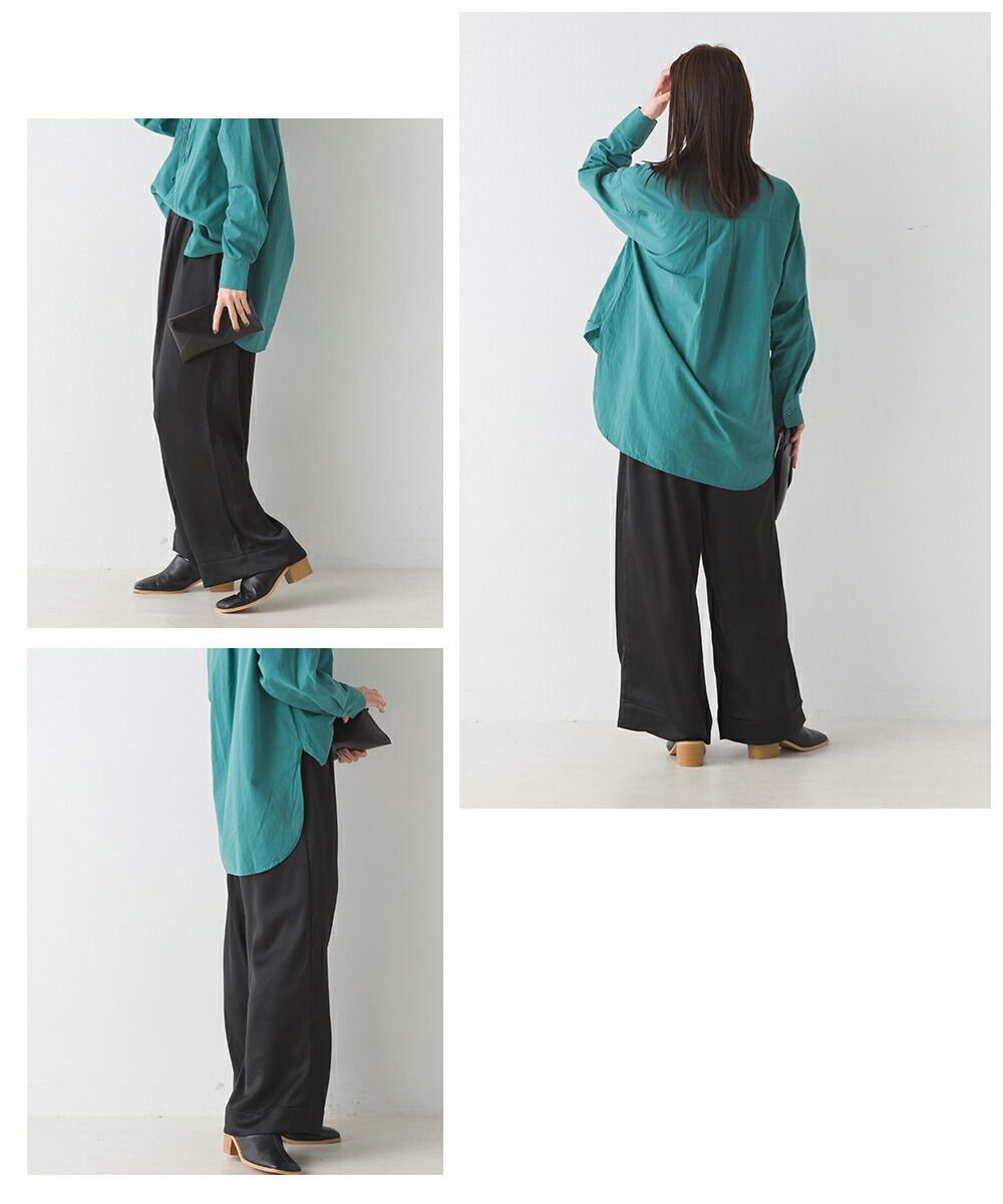 日本 OMNES - 楊柳低調光澤感美腳長褲-簡約黑