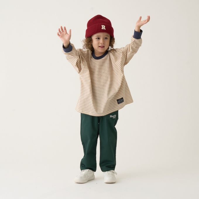 日本 b-ROOM - 不易變形定番條紋長袖上衣-卡其x深藍