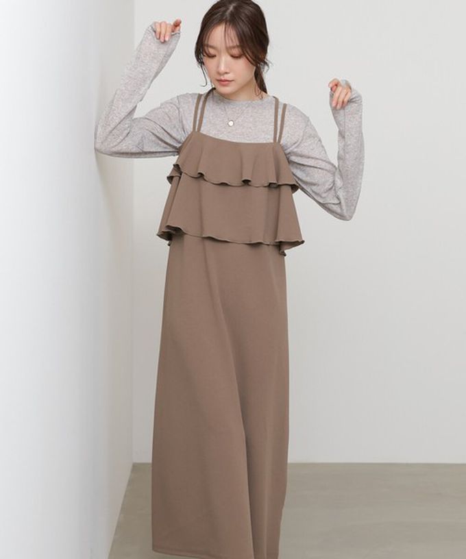 日本 Bab - 優雅綁帶層疊喬其紗細肩帶洋裝-摩卡