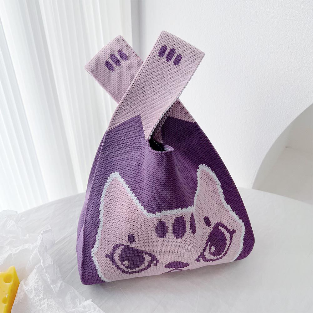 輕便休閒針織手拿包/手提包-紫色小貓 (20x35cm)
